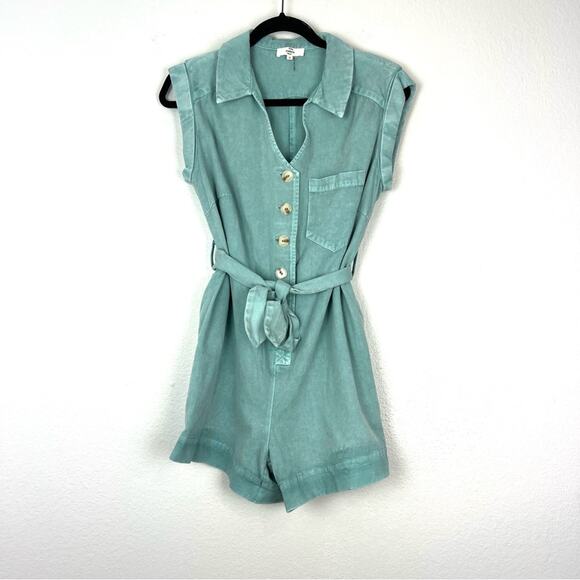 Entro | Teal Button Up Belted Romper 100% Cotton Spring Summer S - Picture 1 of 10